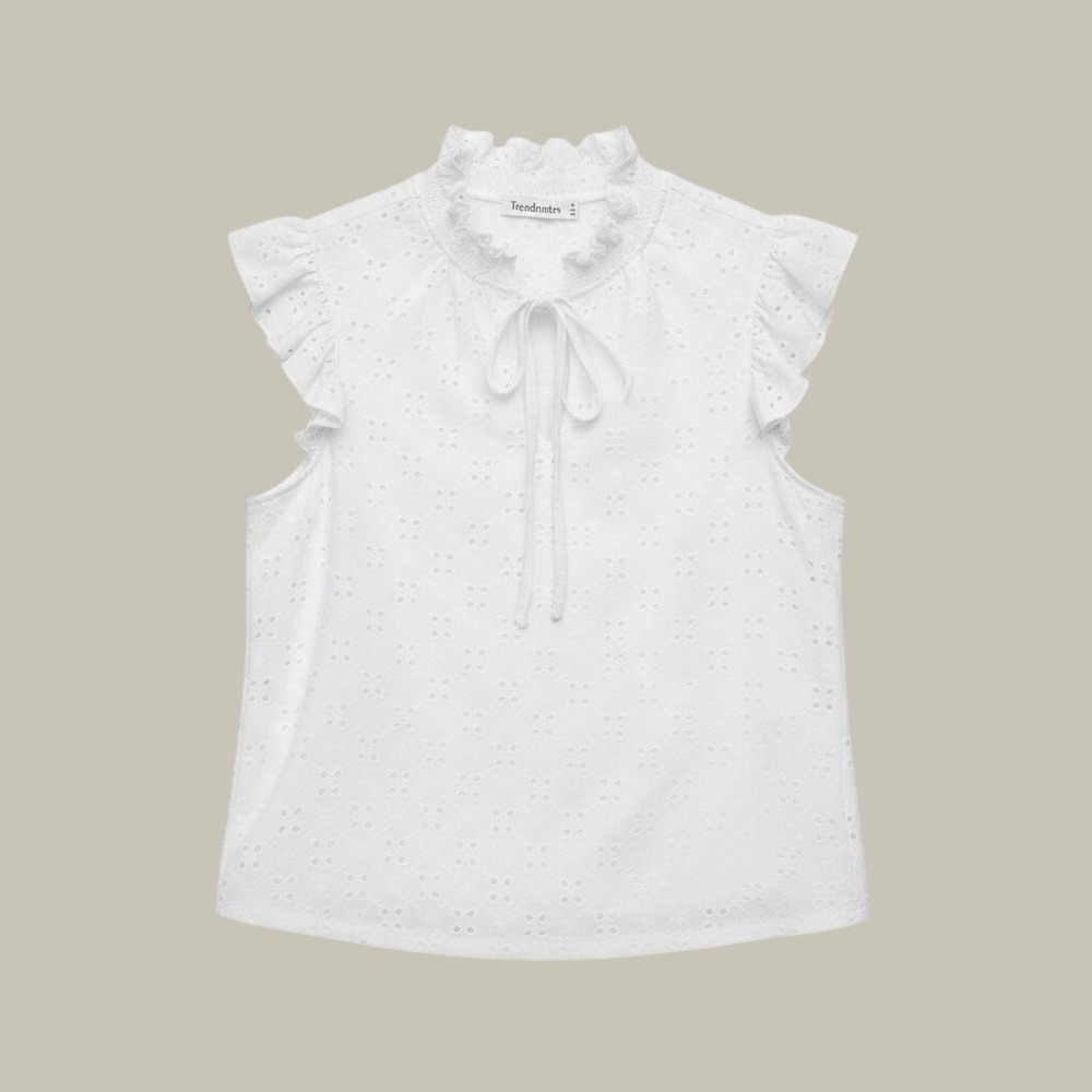 Eyelet Lace Ruffle Top White XL Smocked Tie Neck Blouse Prairie Boho Shabby Chic